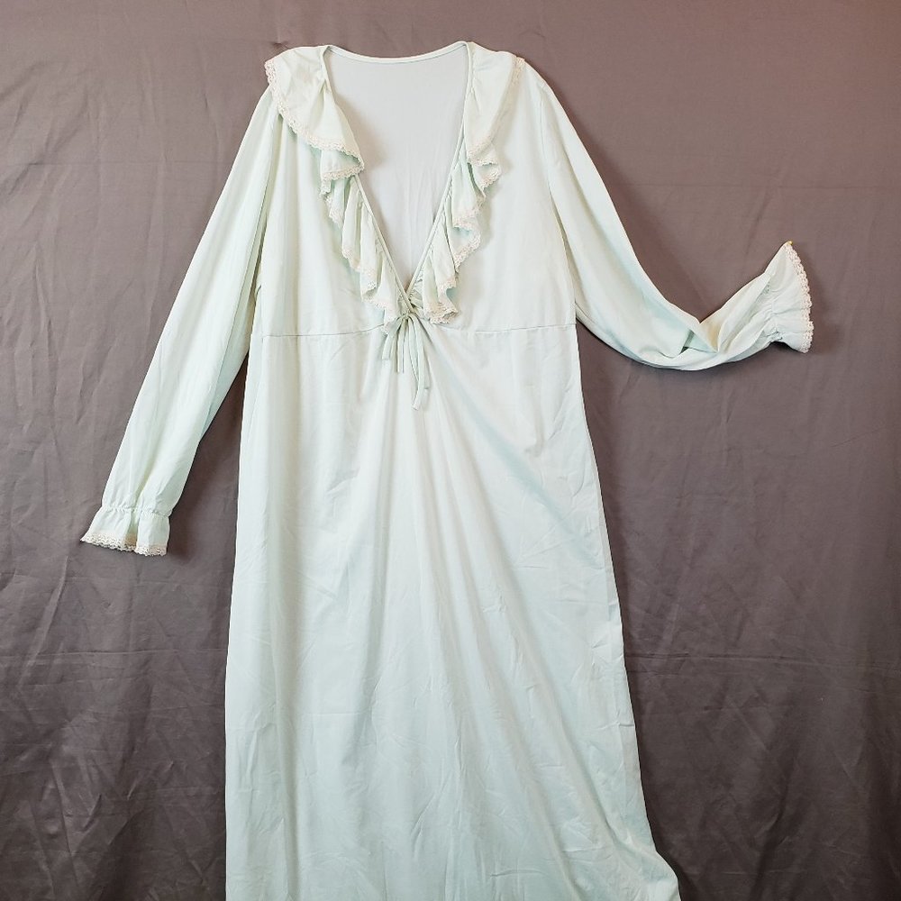 Vintage Long Pale Blue Nightgown Nylon Ruffels and Lace Size Medium 1960's